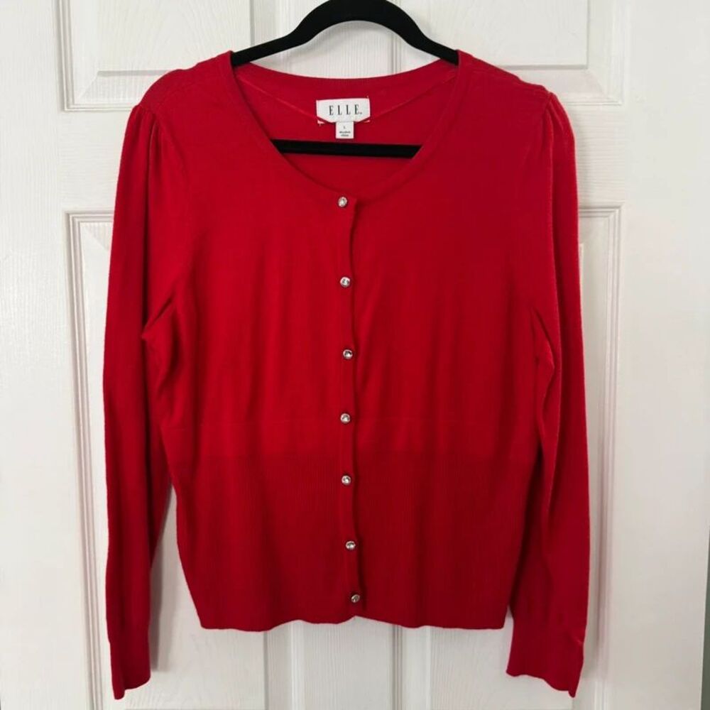 Elle red rhinestone button back bow cardigan L